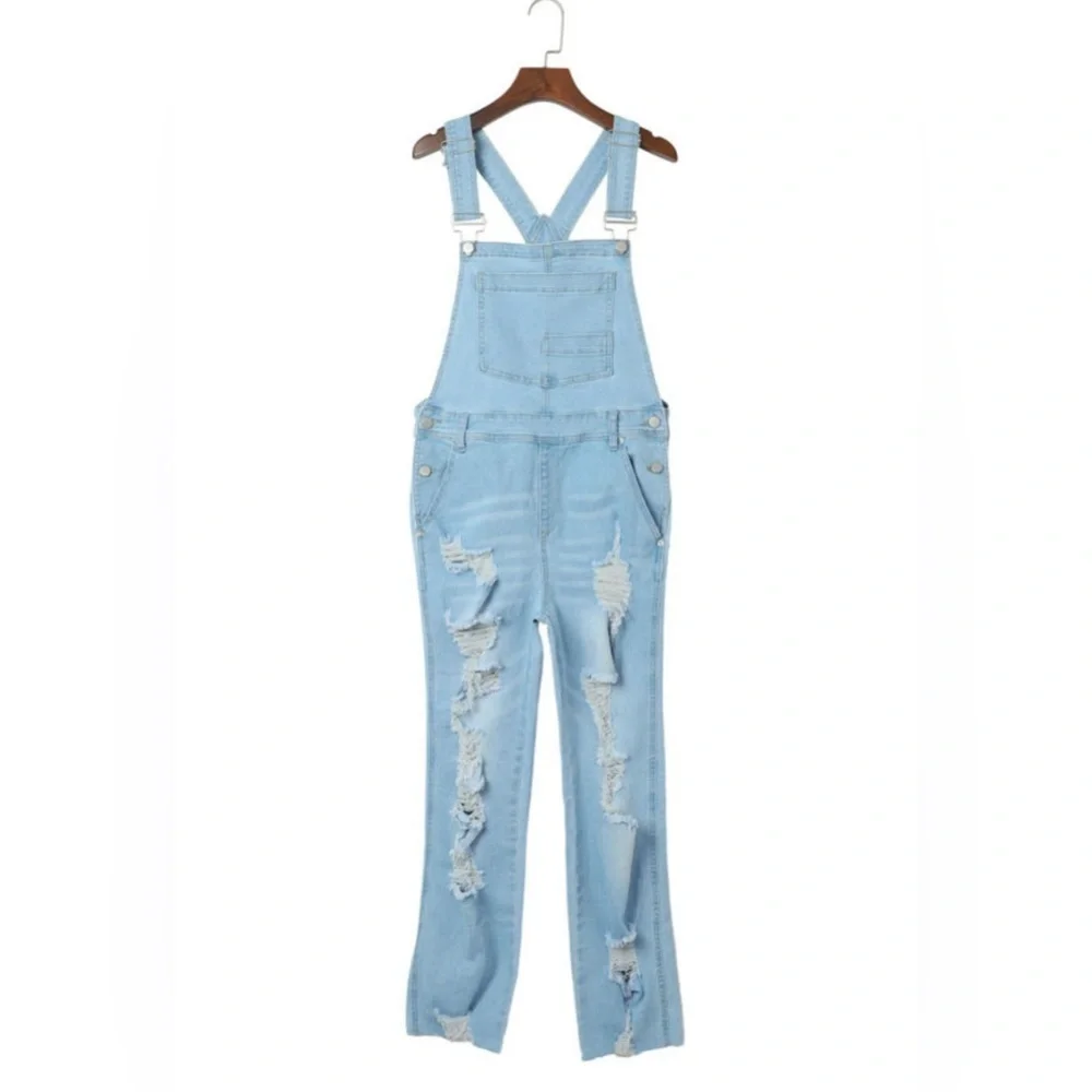 Women's Light Blue Distressed Denim Overalls - Picture 15 of 16